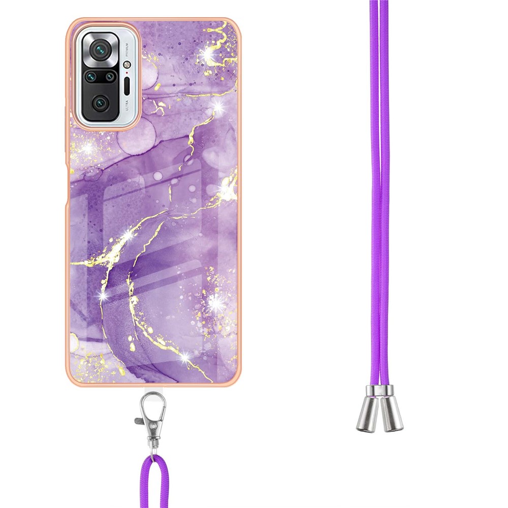 IML IMD Marble Pattern Scratch-Resistant Electroplating Frame Flexible TPU Phone Cover Case with Adjustable Lanyard for Xiaomi Redmi Note 10 Pro 4G (India)/(China)/Note 10 Pro Max - Purple 002-3