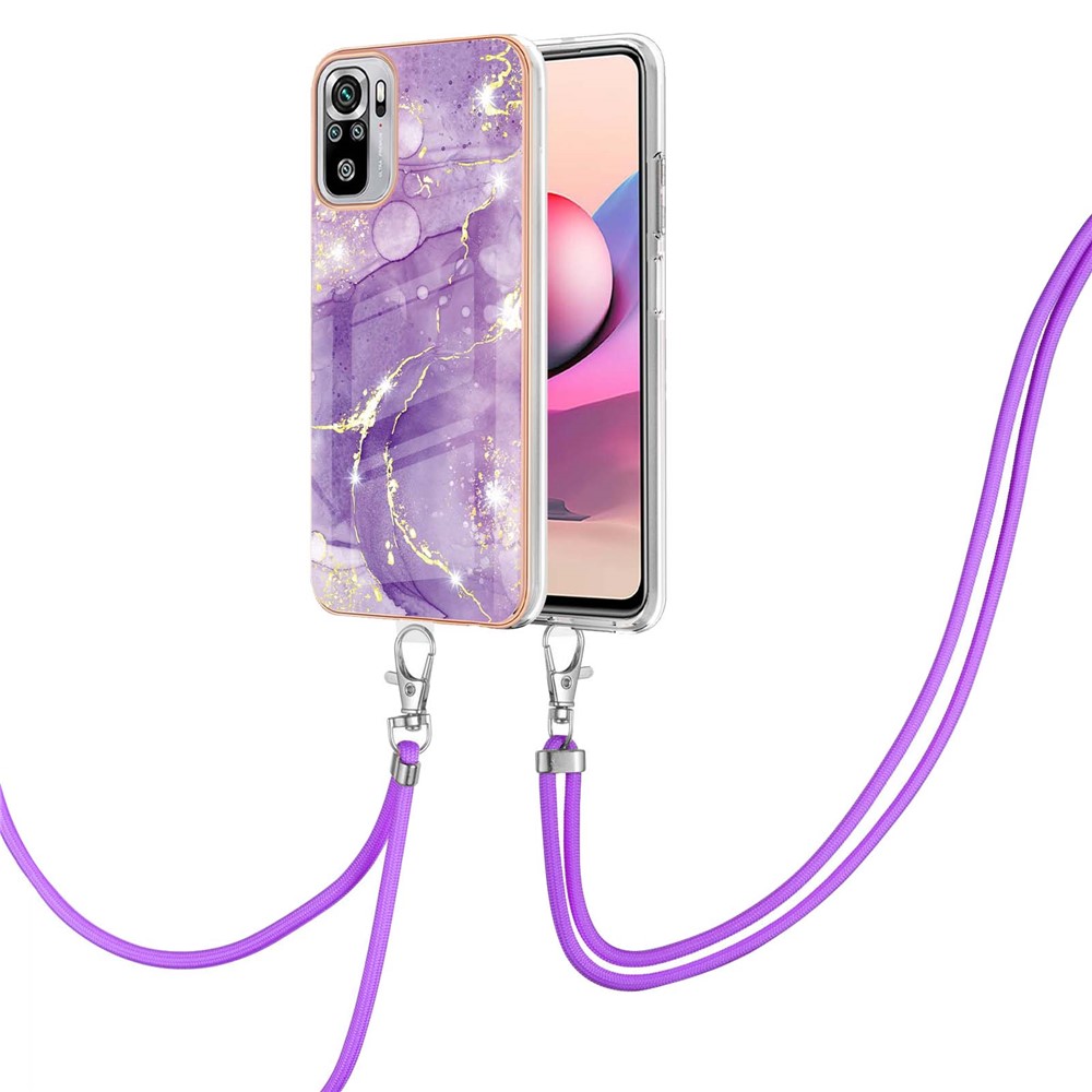 IML IMD Marble Pattern Well-Protected Electroplating Frame Flexible TPU Phone Cover Case with Adjustable Lanyard for Xiaomi Redmi Note 10 4G/10S - Purple 002-2