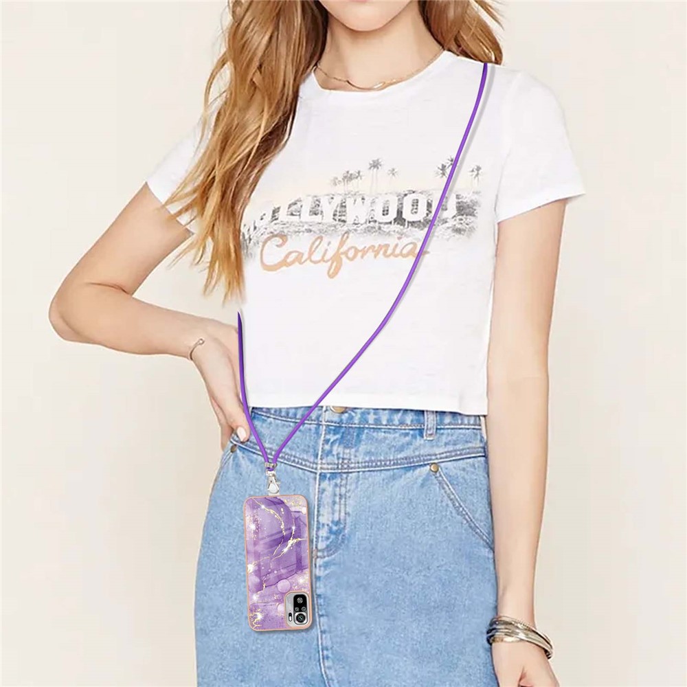 IML IMD Marble Pattern Well-Protected Electroplating Frame Flexible TPU Phone Cover Case with Adjustable Lanyard for Xiaomi Redmi Note 10 4G/10S - Purple 002-4