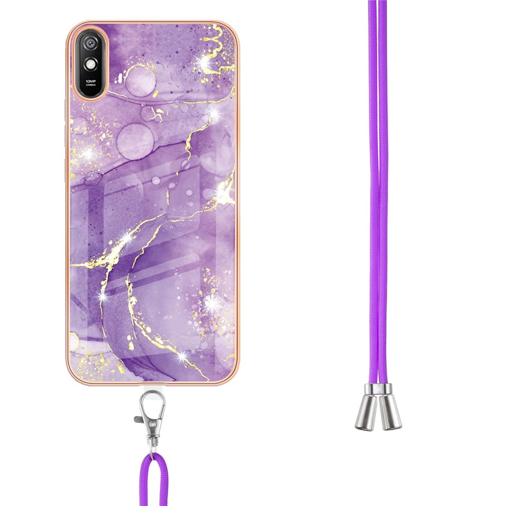 Adjustable Lanyard + Electroplating IML IMD Marble Pattern Soft TPU Phone Cover Case for Xiaomi Redmi 9A - Purple 002-3