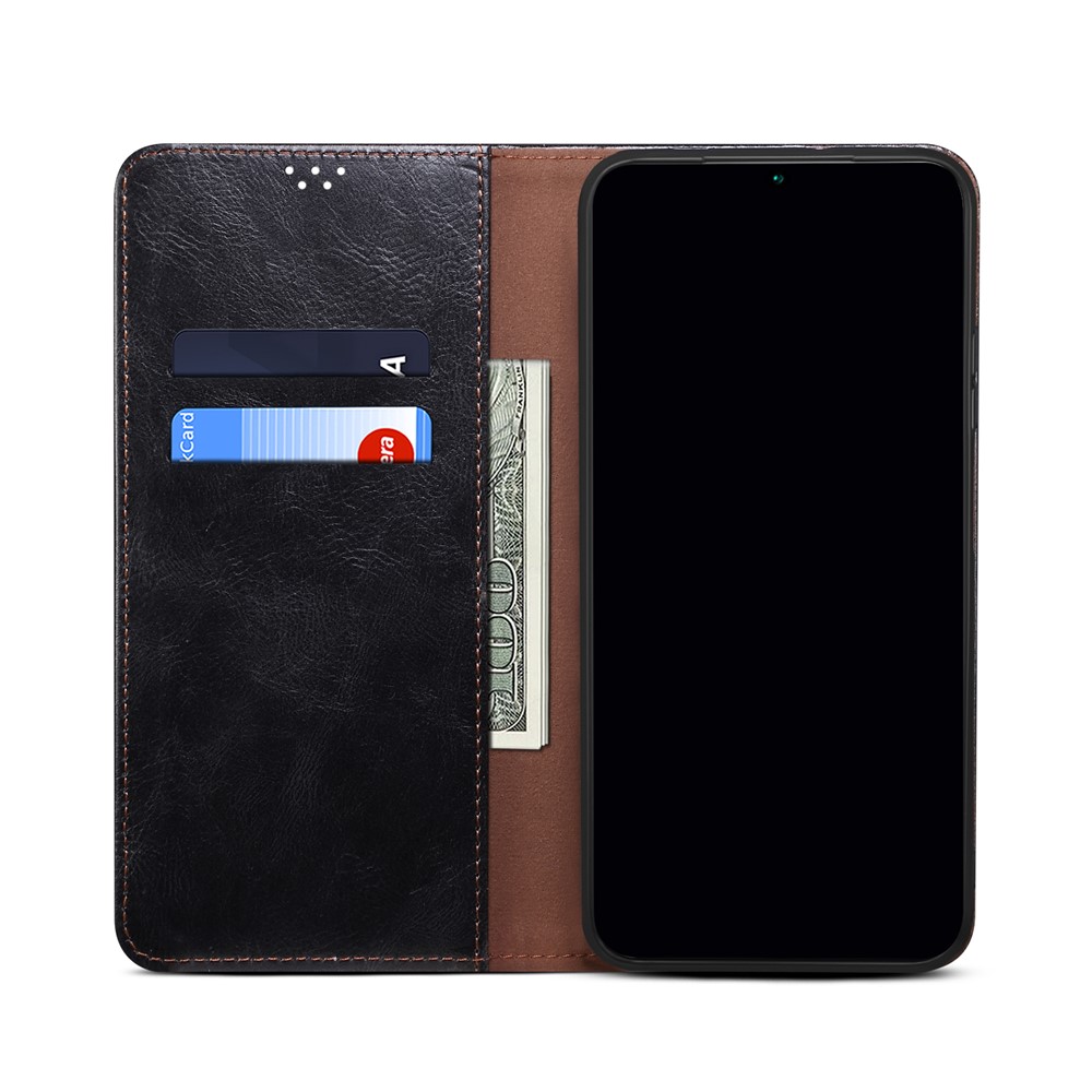 Drop-proof Waxy Crazy Horse Texture PU Leather Phone Case Magnetic Auto-absorbed Wallet Stand Cover for Xiaomi Redmi Note 10 Lite - Black-4