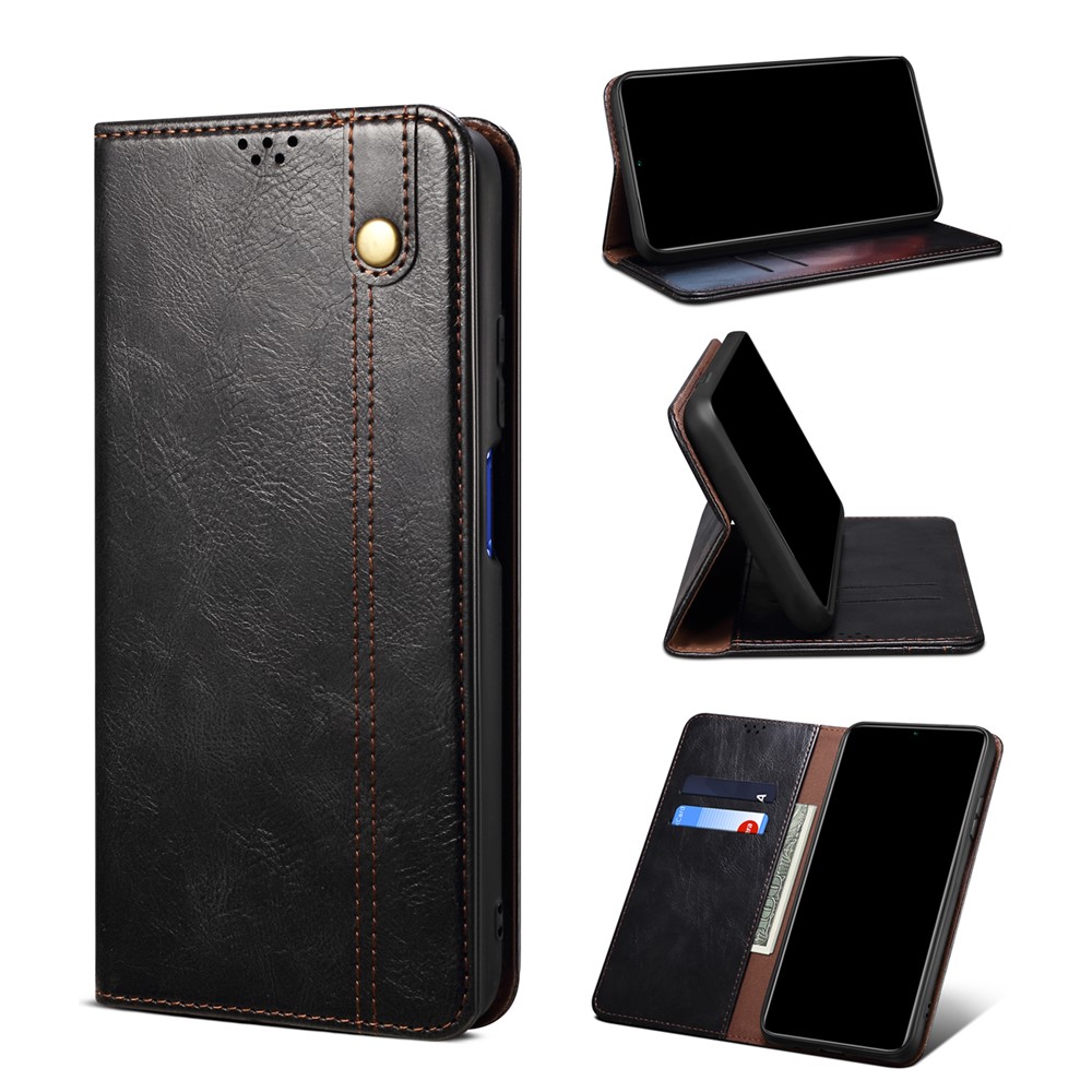 Drop-proof Waxy Crazy Horse Texture PU Leather Phone Case Magnetic Auto-absorbed Wallet Stand Cover for Xiaomi Redmi Note 10 Lite - Black-9