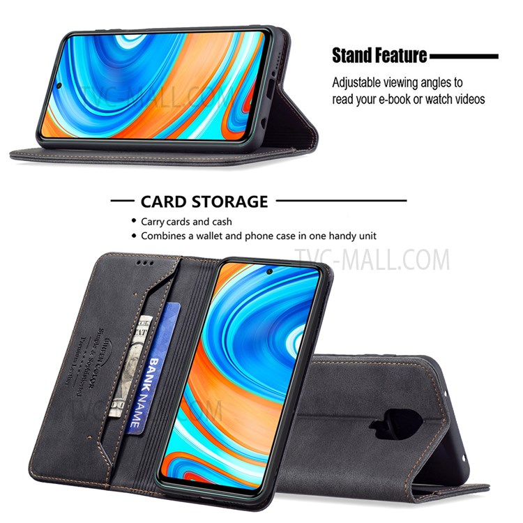 BINFEN COLOR Auto-absorbed Shockproof Scratch Resistant Anti-swiping Design TPU + PU Leather Phone Case Stand Cover for Xiaomi Redmi Note 9 Pro Max / Redmi Note 9 Pro / Redmi Note 9S - Black-2
