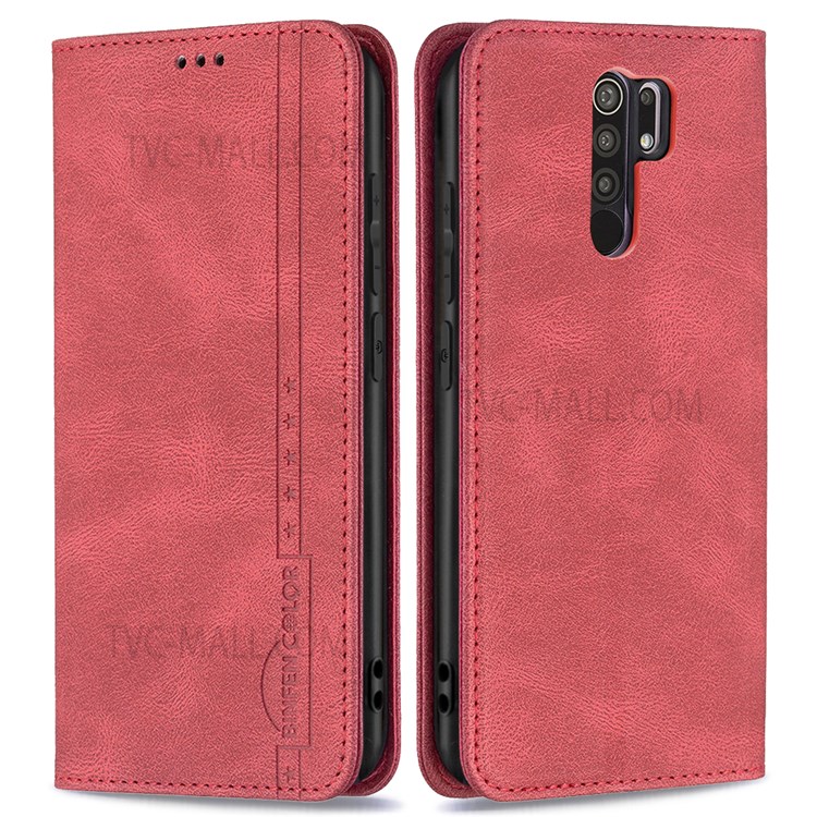 BINFEN COLOR Flip Design Magnetic Scratch Resistant Anti-swiping Design PU Leather Phone Case Stand Cover for Xiaomi Redmi 9 - Red-1