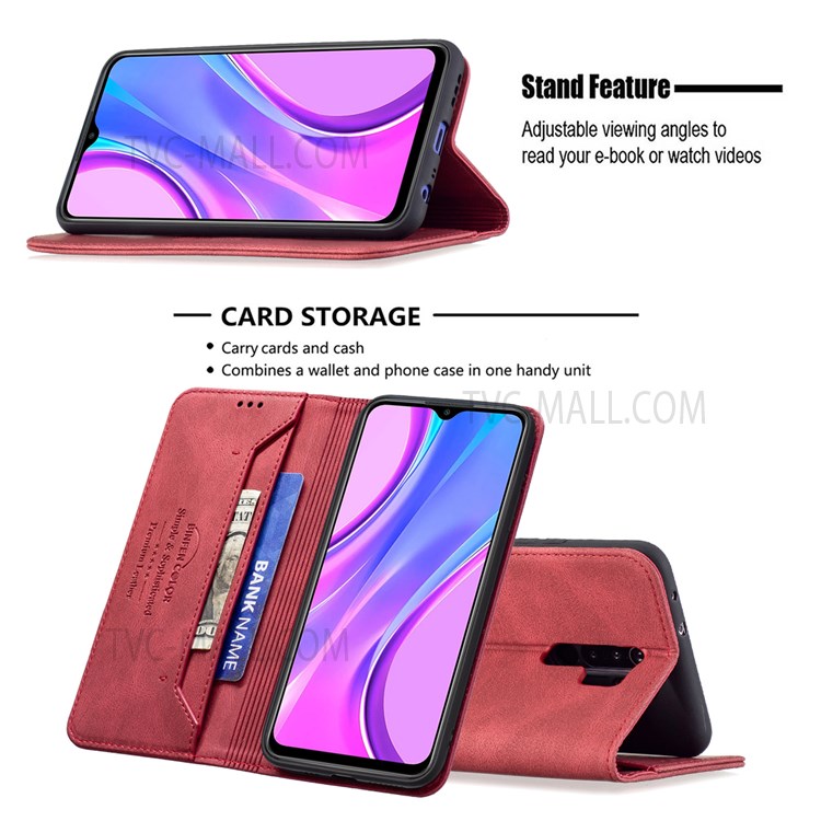 BINFEN COLOR Flip Design Magnetic Scratch Resistant Anti-swiping Design PU Leather Phone Case Stand Cover for Xiaomi Redmi 9 - Red-2