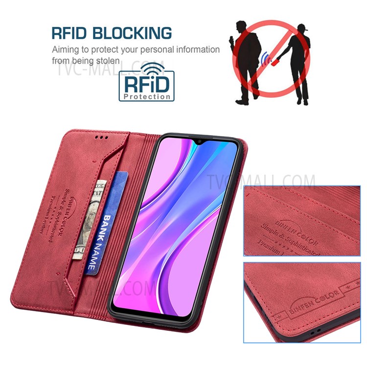 BINFEN COLOR Flip Design Magnetic Scratch Resistant Anti-swiping Design PU Leather Phone Case Stand Cover for Xiaomi Redmi 9 - Red-3