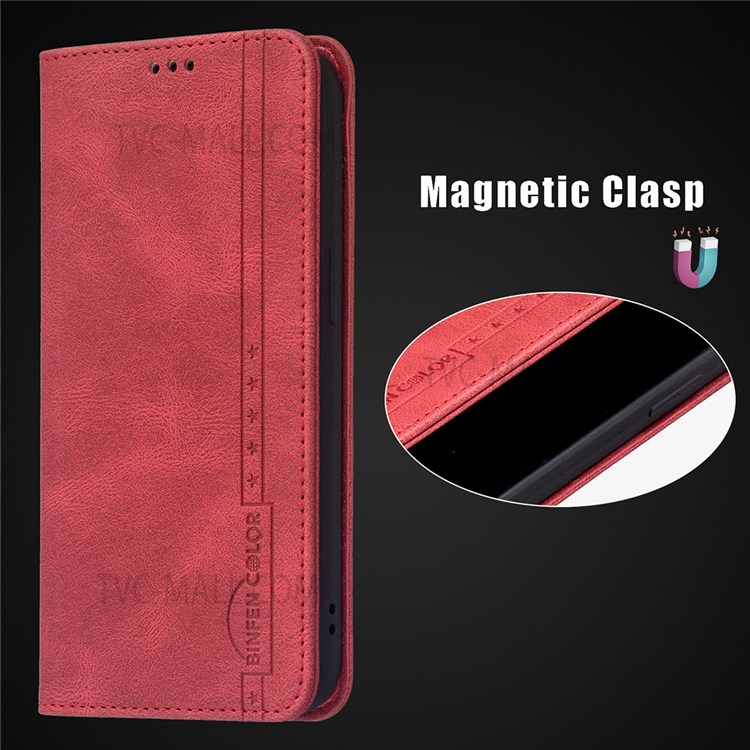 BINFEN COLOR Flip Design Magnetic Scratch Resistant Anti-swiping Design PU Leather Phone Case Stand Cover for Xiaomi Redmi 9 - Red-7