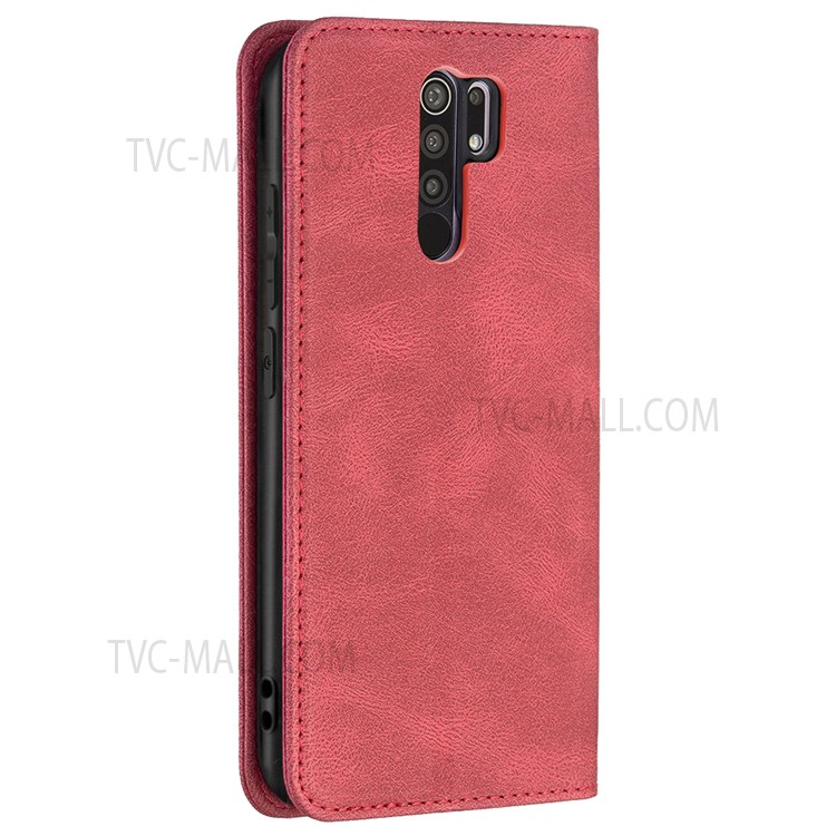 BINFEN COLOR Flip Design Magnetic Scratch Resistant Anti-swiping Design PU Leather Phone Case Stand Cover for Xiaomi Redmi 9 - Red-9