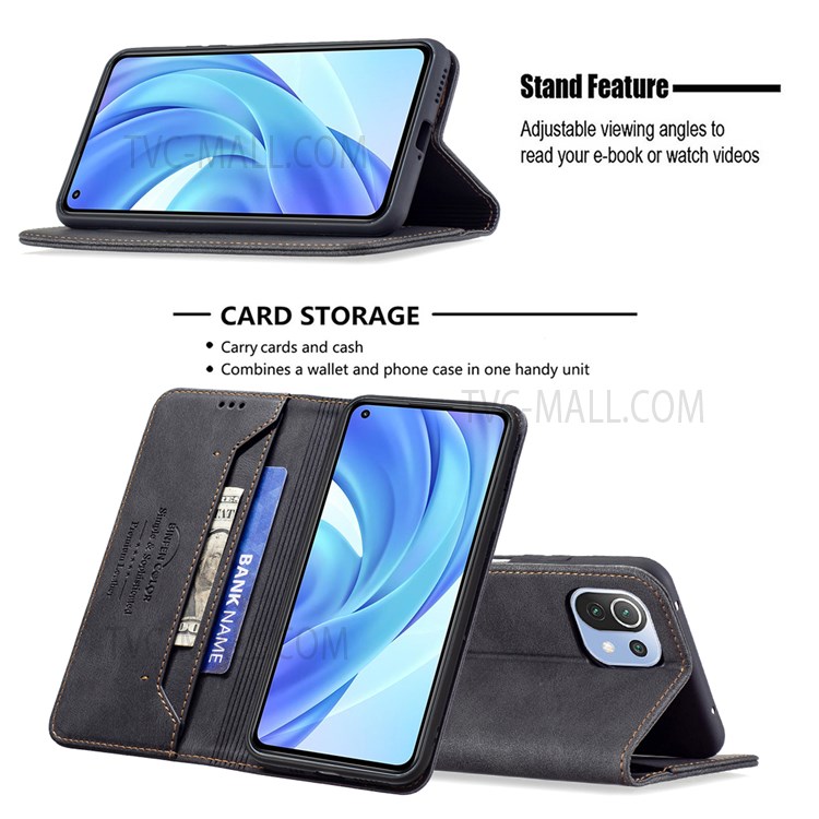 BINFEN COLOR Anti-drop Stand Cover RFID PU Leather Phone Case Blocking Design Cell Phone Protector for Xiaomi Mi 11 Lite 4G/5G - Black-2