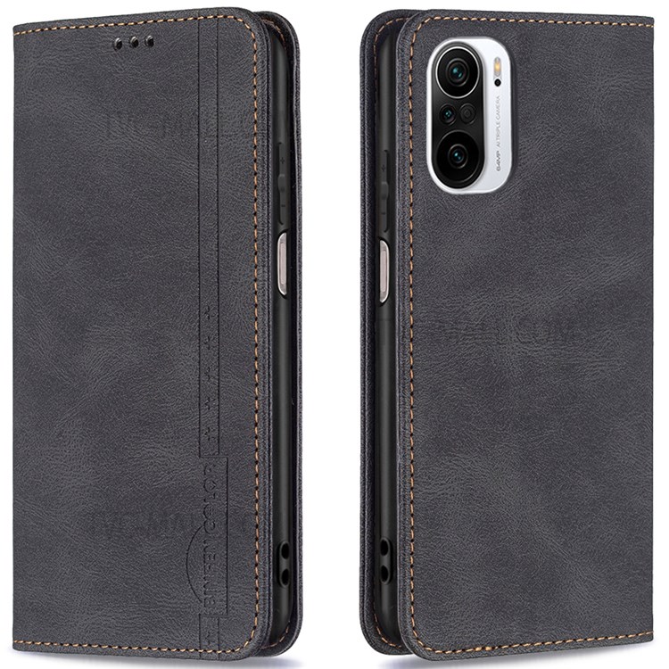 BINFEN COLOR Stylish RFID Blocking Design Wear-resistant PU Leather Phone Case Shock-proof Stand Cover for Xiaomi Mi 11i/Poco F3/Redmi K40/K40 Pro - Black-1