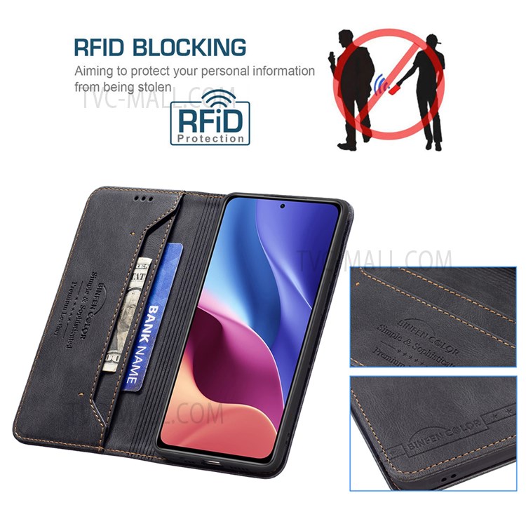 BINFEN COLOR Stylish RFID Blocking Design Wear-resistant PU Leather Phone Case Shock-proof Stand Cover for Xiaomi Mi 11i/Poco F3/Redmi K40/K40 Pro - Black-3