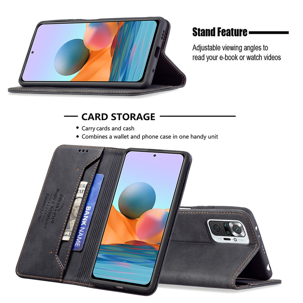 BINFEN COLOR Shock-proof Stand Cover RFID Blocking Design PU Leather Phone Case for Xiaomi Redmi Note 10 Pro 4G (Global)/Note 10 Pro 4G (India)/Note 10 Pro Max - Black-2