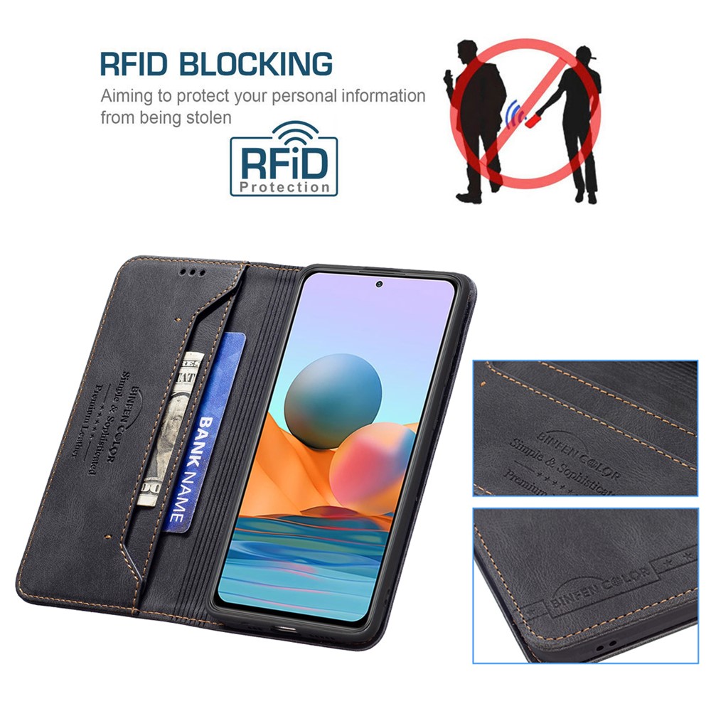 BINFEN COLOR Shock-proof Stand Cover RFID Blocking Design PU Leather Phone Case for Xiaomi Redmi Note 10 Pro 4G (Global)/Note 10 Pro 4G (India)/Note 10 Pro Max - Black-3