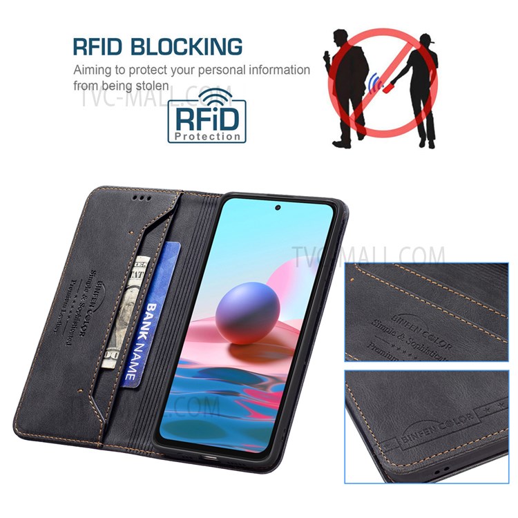 BINFEN COLOR Stylish RFID Blocking Design Cell Phone Stand Protective Cover Wear-resistant PU Leather Phone Case for Xiaomi Redmi Note 10 4G/Note 10S - Black-3