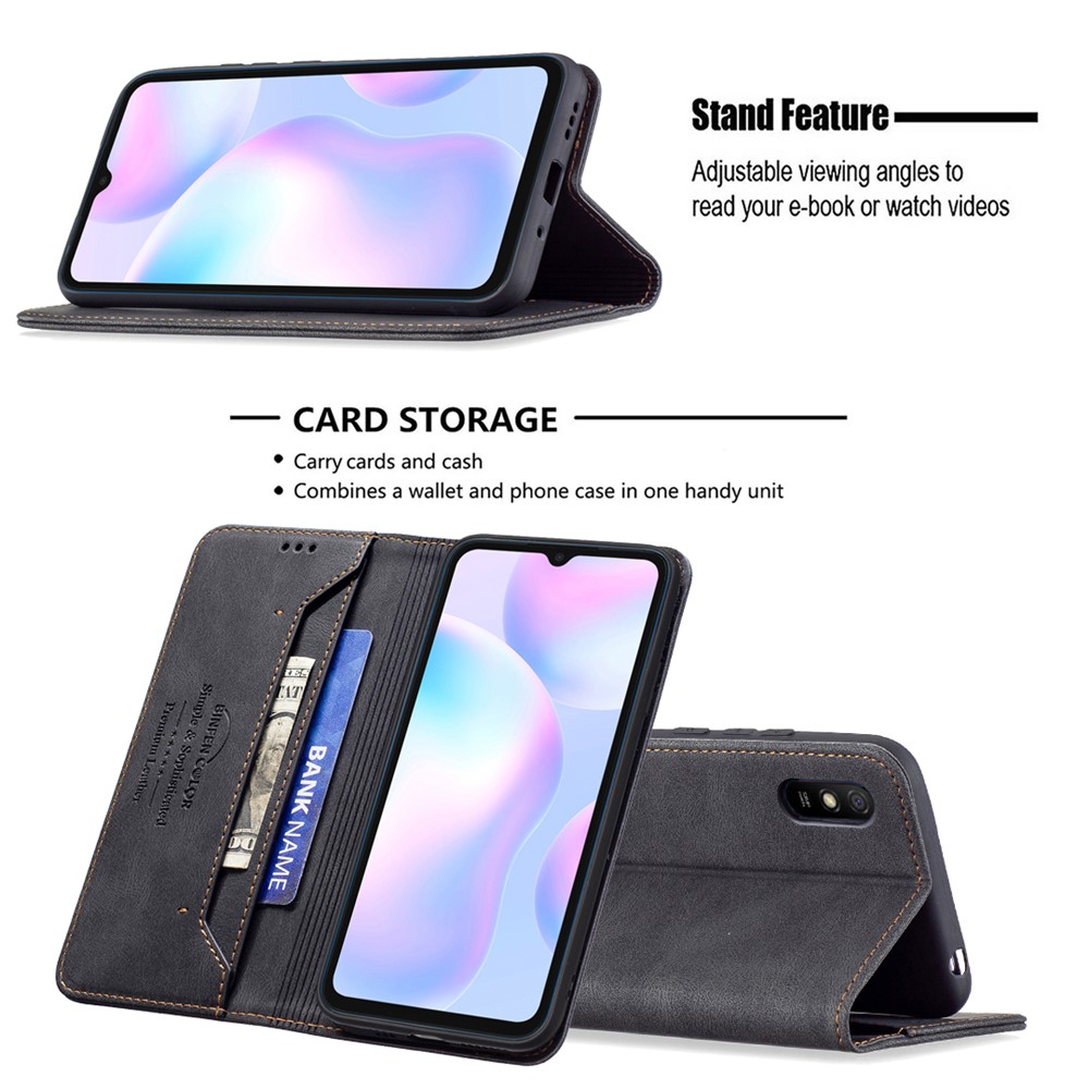 BINFEN COLOR Anti-swiping Design PU Leather Phone Scratch Resistant Phone Case Stand Cover for Xiaomi Redmi 9A - Black-2