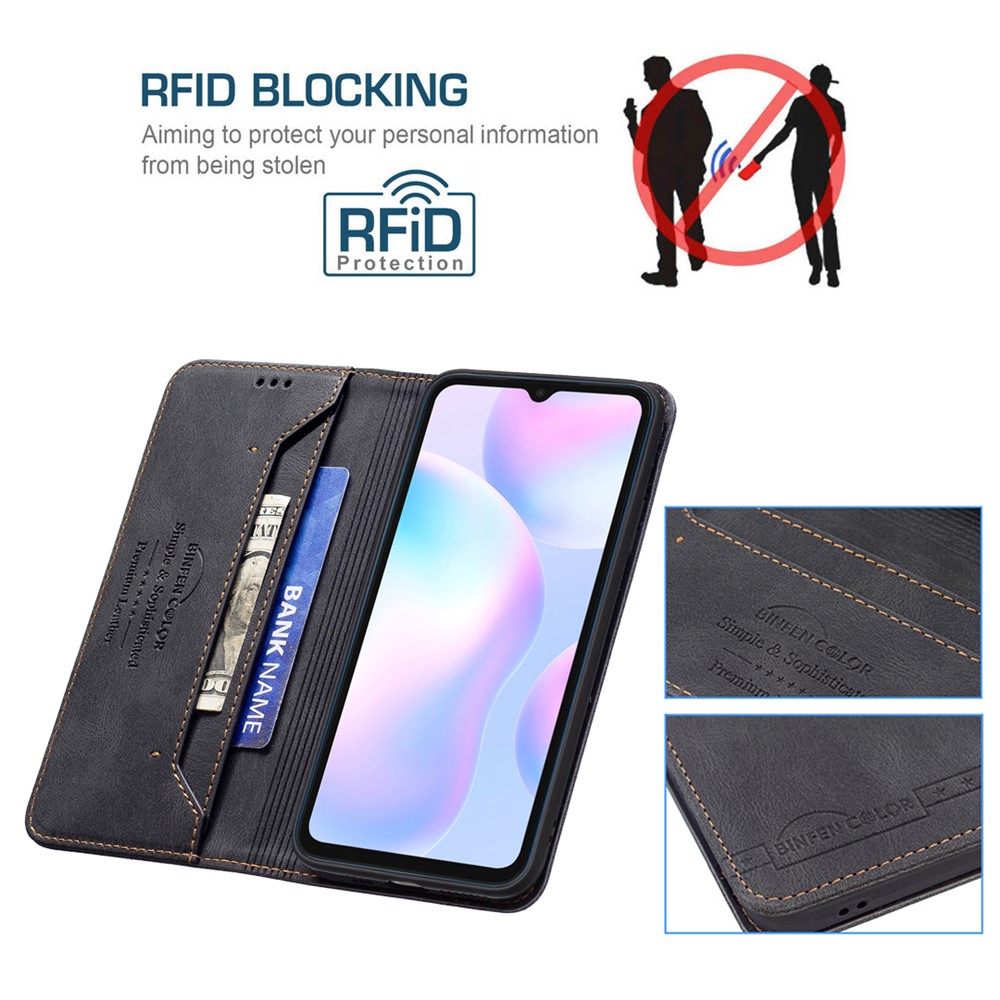BINFEN COLOR Anti-swiping Design PU Leather Phone Scratch Resistant Phone Case Stand Cover for Xiaomi Redmi 9A - Black-3