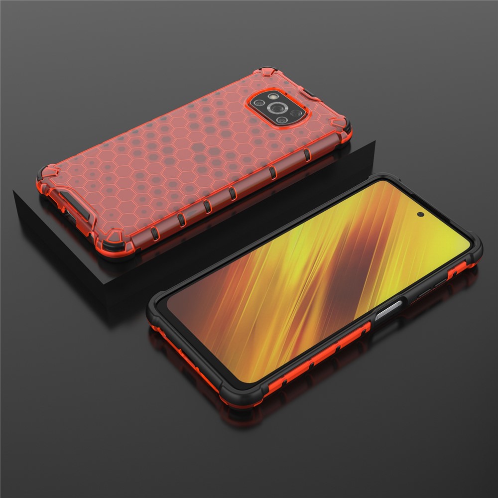 Honeycomb Design Four-Corner Airbags Anti-Drop Phone Case with Adjustable Lanyard for Xiaomi Poco X3/Poco X3 Pro/Poco X3 NFC - Red-6