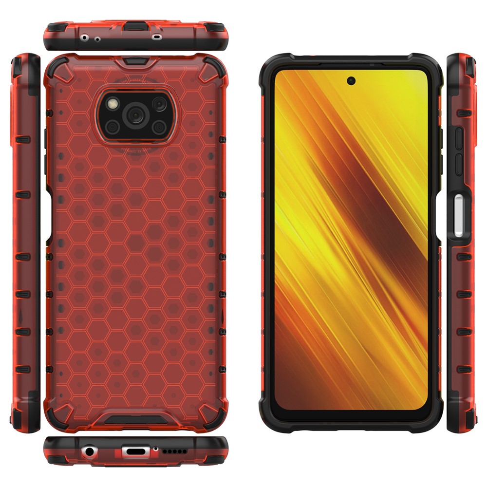 Honeycomb Design Four-Corner Airbags Anti-Drop Phone Case with Adjustable Lanyard for Xiaomi Poco X3/Poco X3 Pro/Poco X3 NFC - Red-7