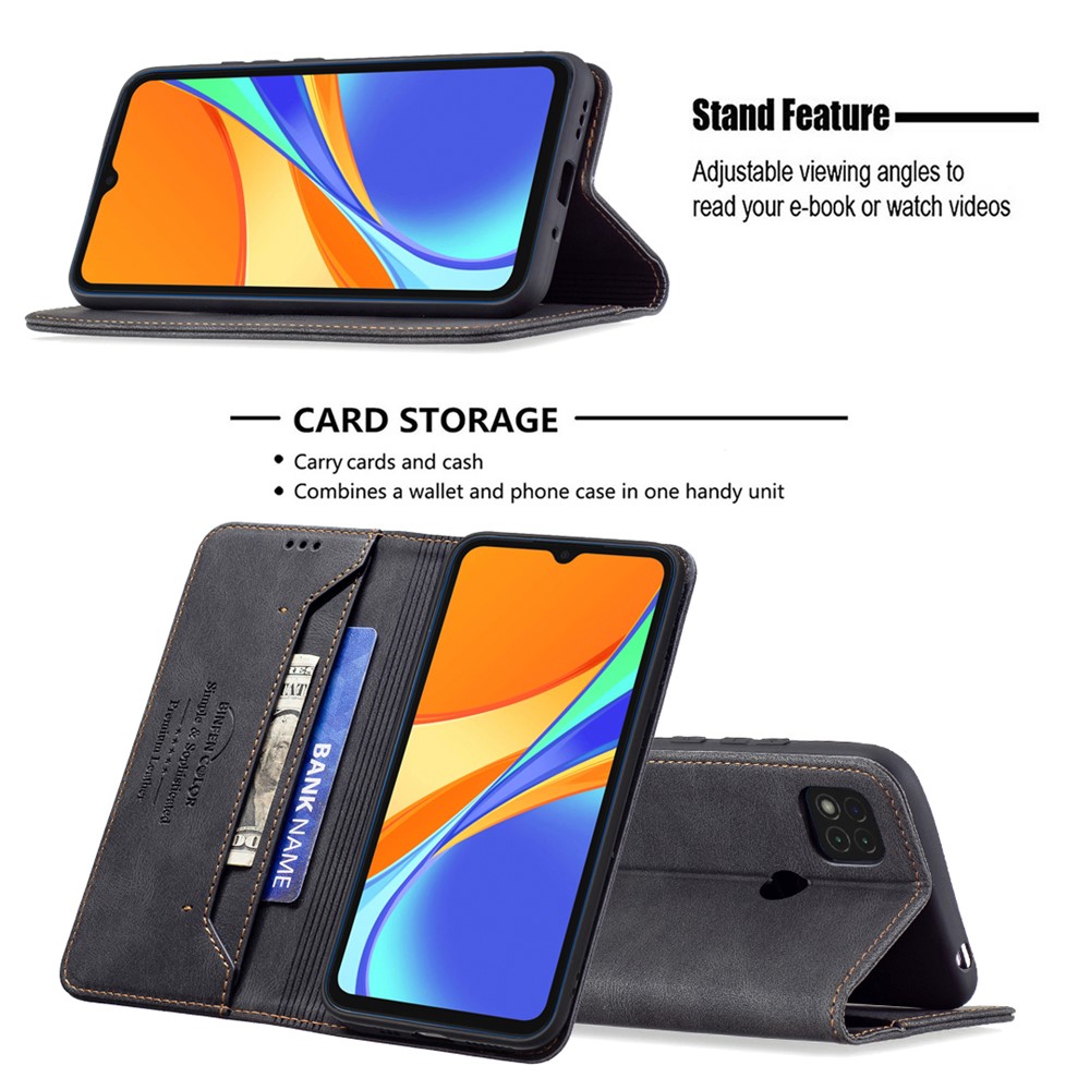 BINFEN COLOR Auto-absorbed Scratch Resistant Anti-swiping Design PU Leather Phone Case Stand Cover for Xiaomi Redmi 9C - Black-2