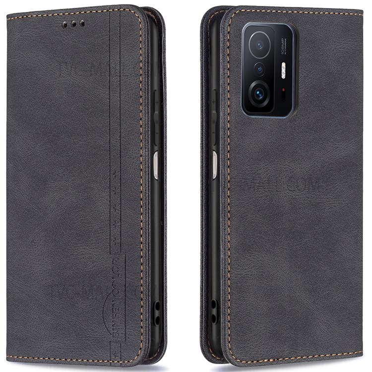 BINFEN COLOR For Xiaomi 11T Pro / Xiaomi 11T Scratch Resistant Anti-swiping Design PU Leather Phone Case Stand Cover - Black-1