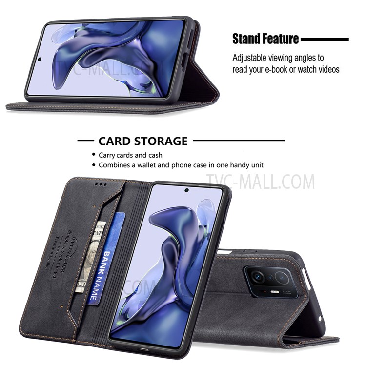 BINFEN COLOR For Xiaomi 11T Pro / Xiaomi 11T Scratch Resistant Anti-swiping Design PU Leather Phone Case Stand Cover - Black-2