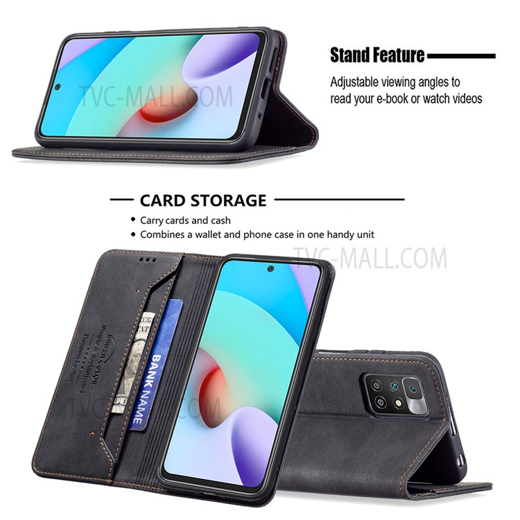 BINFEN COLOR Scratch Resistant Anti-swiping Design PU Leather Phone Case Stand Cover for Xiaomi Redmi 10 / Redmi 10 Prime - Black-2