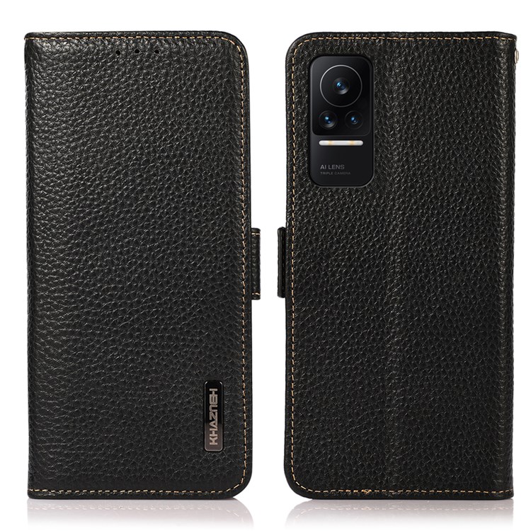 KHAZNEH Anti-theft Swiping Design Overall Protection Litchi Texture Genuine Leather Phone Case for Xiaomi Civi - Black-1