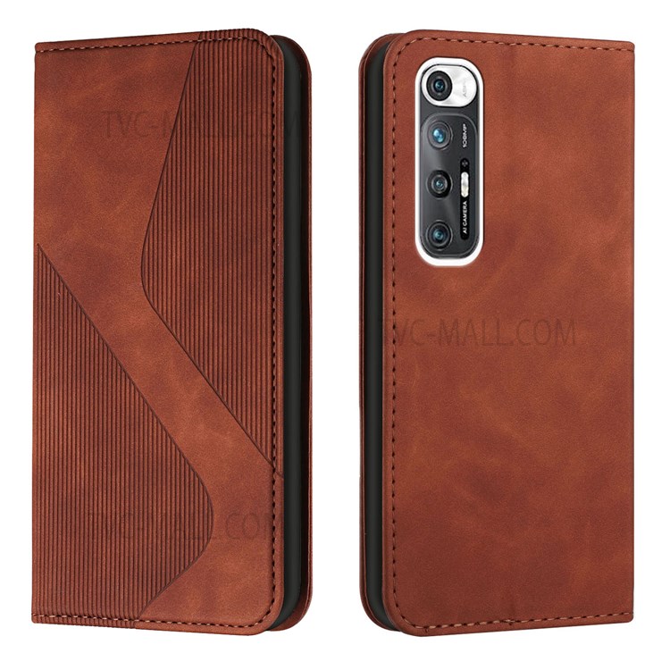 S-shaped Texture Auto-absorbed Folio Flip Leather Wallet Stand Case Full Body Shockproof Protection Cover for Xiaomi Mi 10S - Brown-1