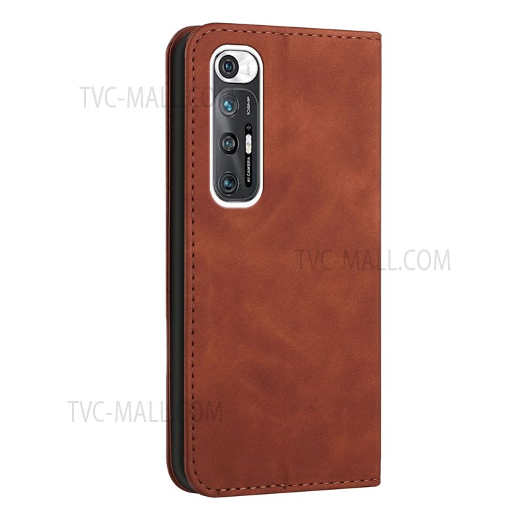 S-shaped Texture Auto-absorbed Folio Flip Leather Wallet Stand Case Full Body Shockproof Protection Cover for Xiaomi Mi 10S - Brown-3