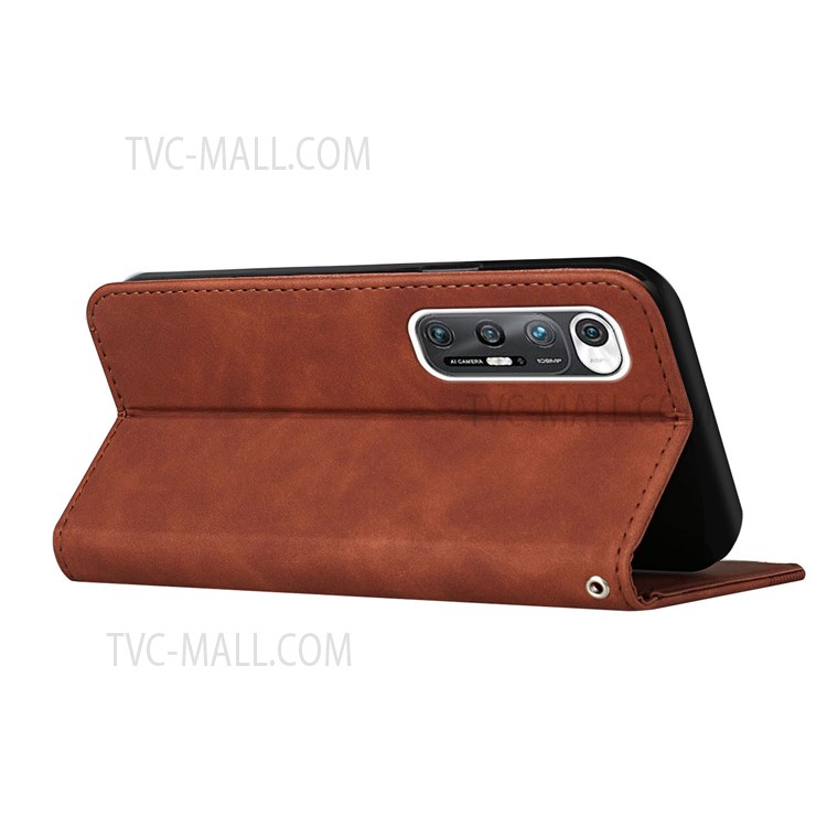 S-shaped Texture Auto-absorbed Folio Flip Leather Wallet Stand Case Full Body Shockproof Protection Cover for Xiaomi Mi 10S - Brown-5