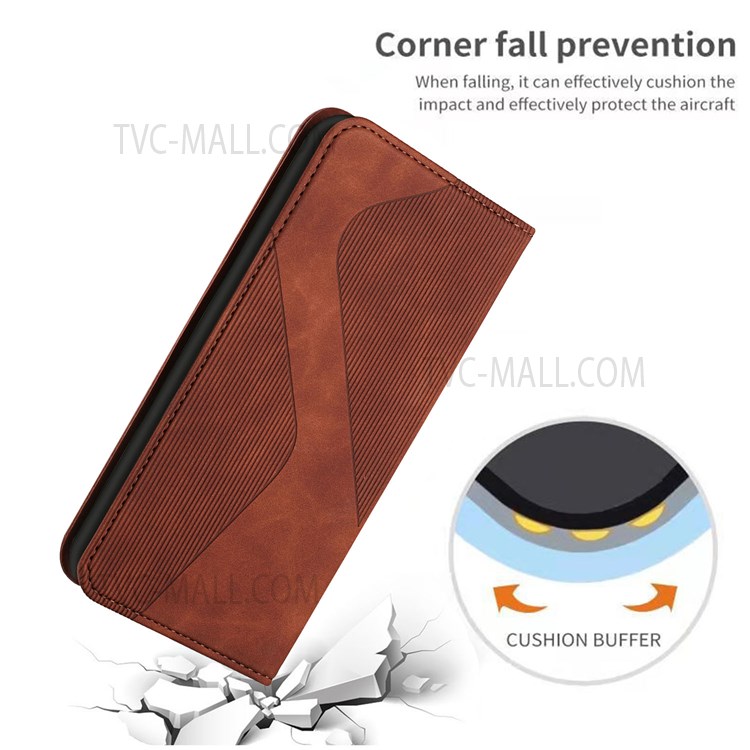 S-shaped Texture Auto-absorbed Folio Flip Leather Wallet Stand Case Full Body Shockproof Protection Cover for Xiaomi Mi 10S - Brown-9