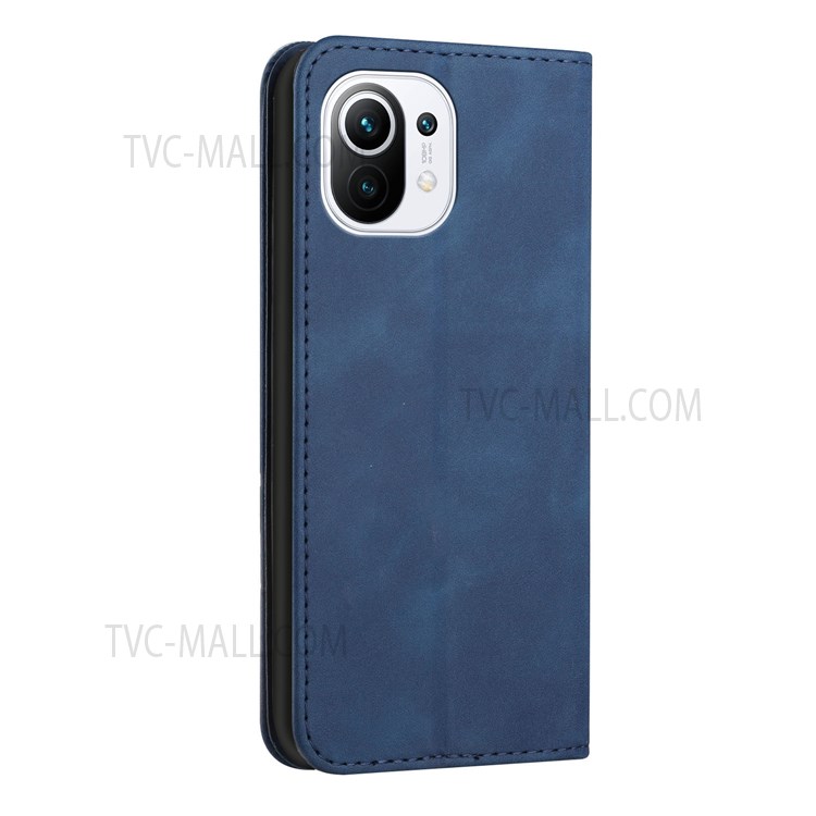 S-shaped Texture Auto-absorbed Anti-Scratch Folio Flip Leather Wallet Stand Case for Xiaomi Mi 11 - Blue-3