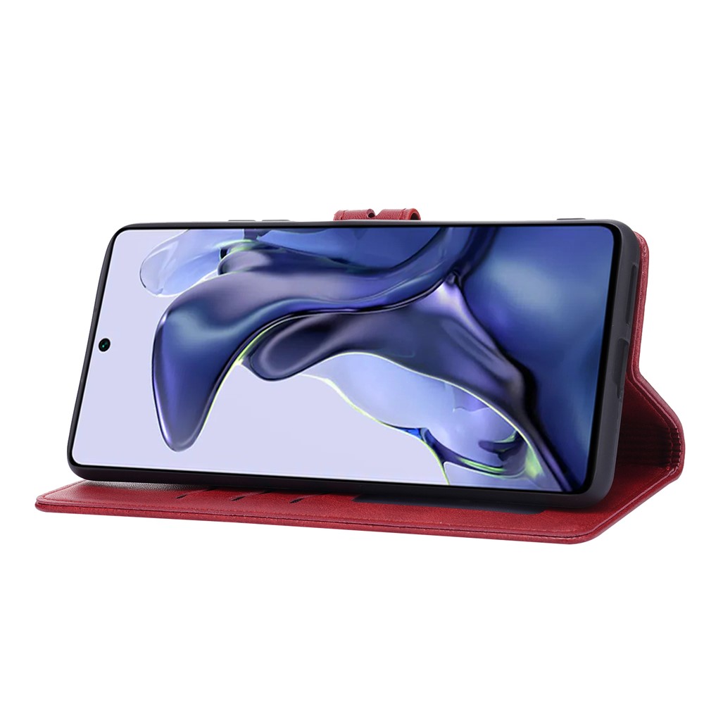 Drop Buffer Happy Cat Pattern Imprinting Leather Wallet Case with Stand for Xiaomi 11T/11T Pro - Red-5
