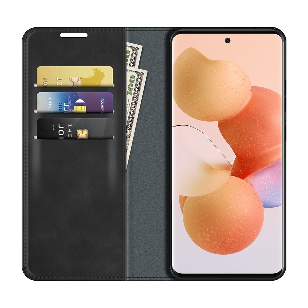 Magnet Closure Folio Flip Phone Shell Stand Design Silky-Touch Super Leather Cover Protective Case with Wallet for Xiaomi Civi 5G - Black-4