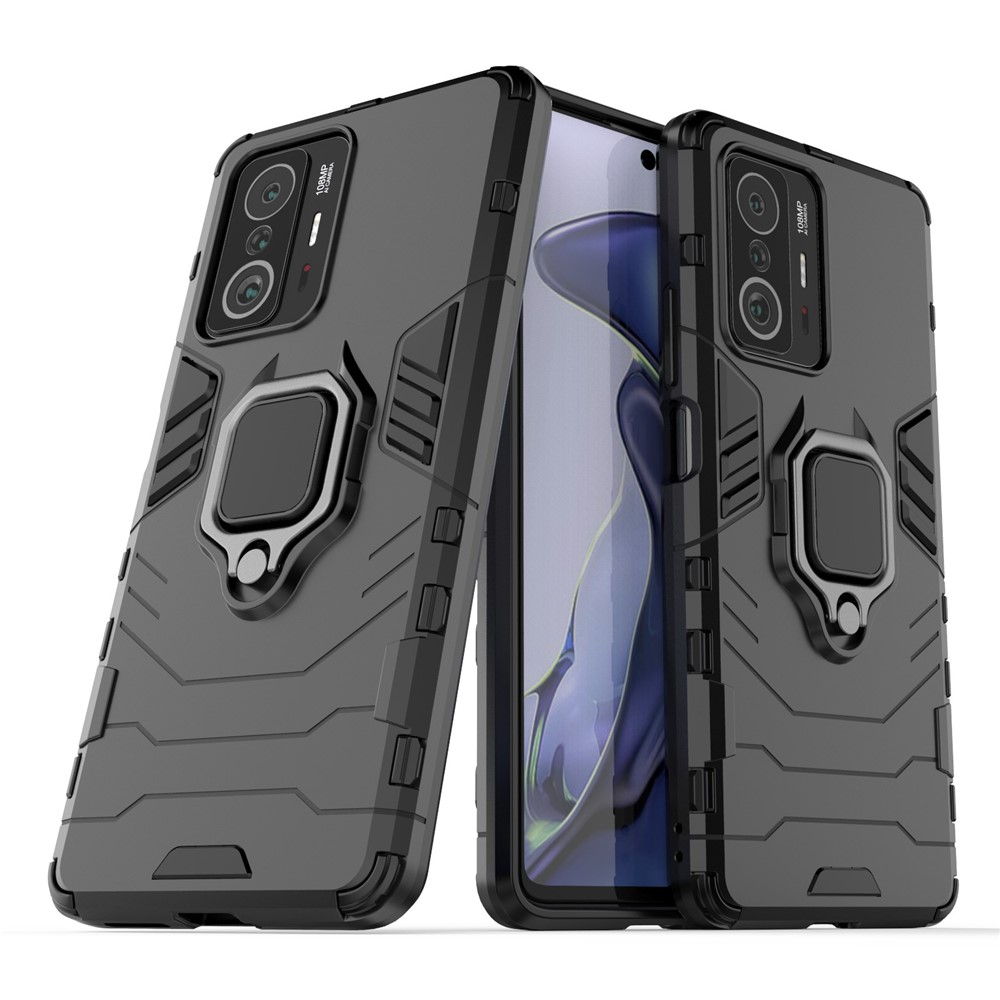 Ring Kickstand Dual Layer Soft Flexible TPU + Hartes PC Rugged Protective Phone Hülle Für Xiaomi 11t / 11t Pro - Schwarz