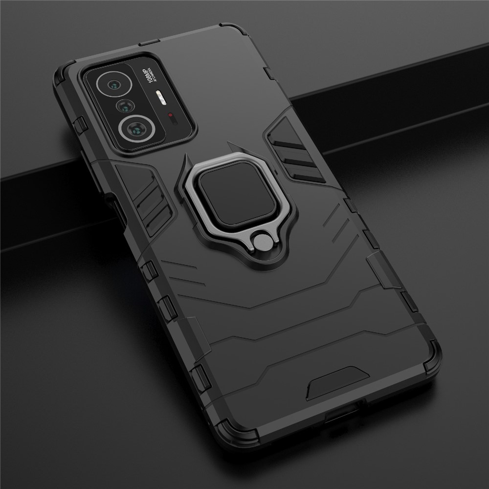 Ring Kickstand Dual Layer Soft Flexible TPU + Hartes PC Rugged Protective Phone Hülle Für Xiaomi 11t / 11t Pro - Schwarz