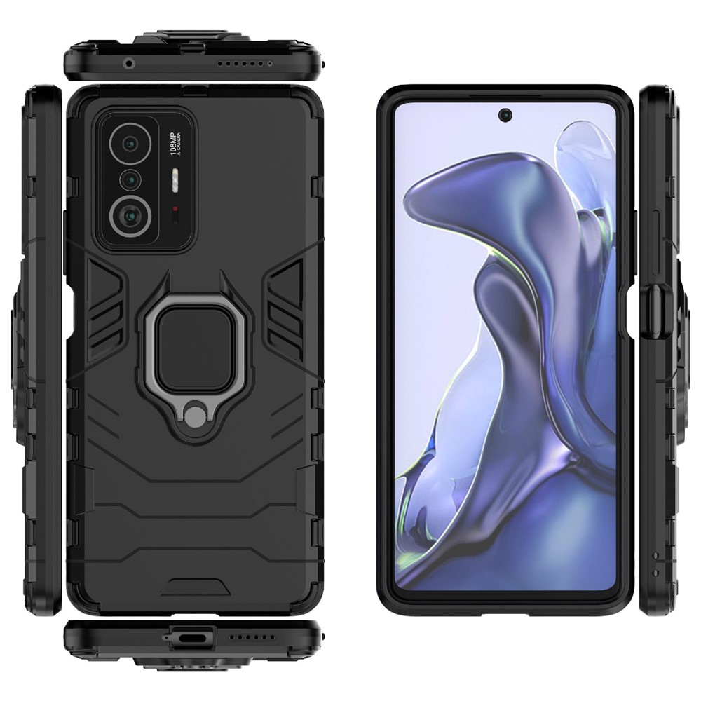 Ring Kickstand Dual Layer Soft Flexible TPU + Hartes PC Rugged Protective Phone Hülle Für Xiaomi 11t / 11t Pro - Schwarz