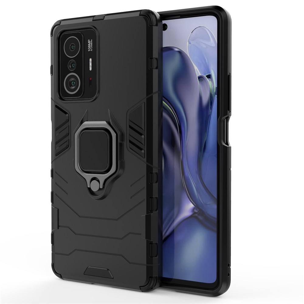 Ring Kickstand Doppio Strato Morbido TPU Flessibile + PC Duro Rugged Telefono Protettivo Custodia Per Xiaomi 11T / 11t Pro - Nero