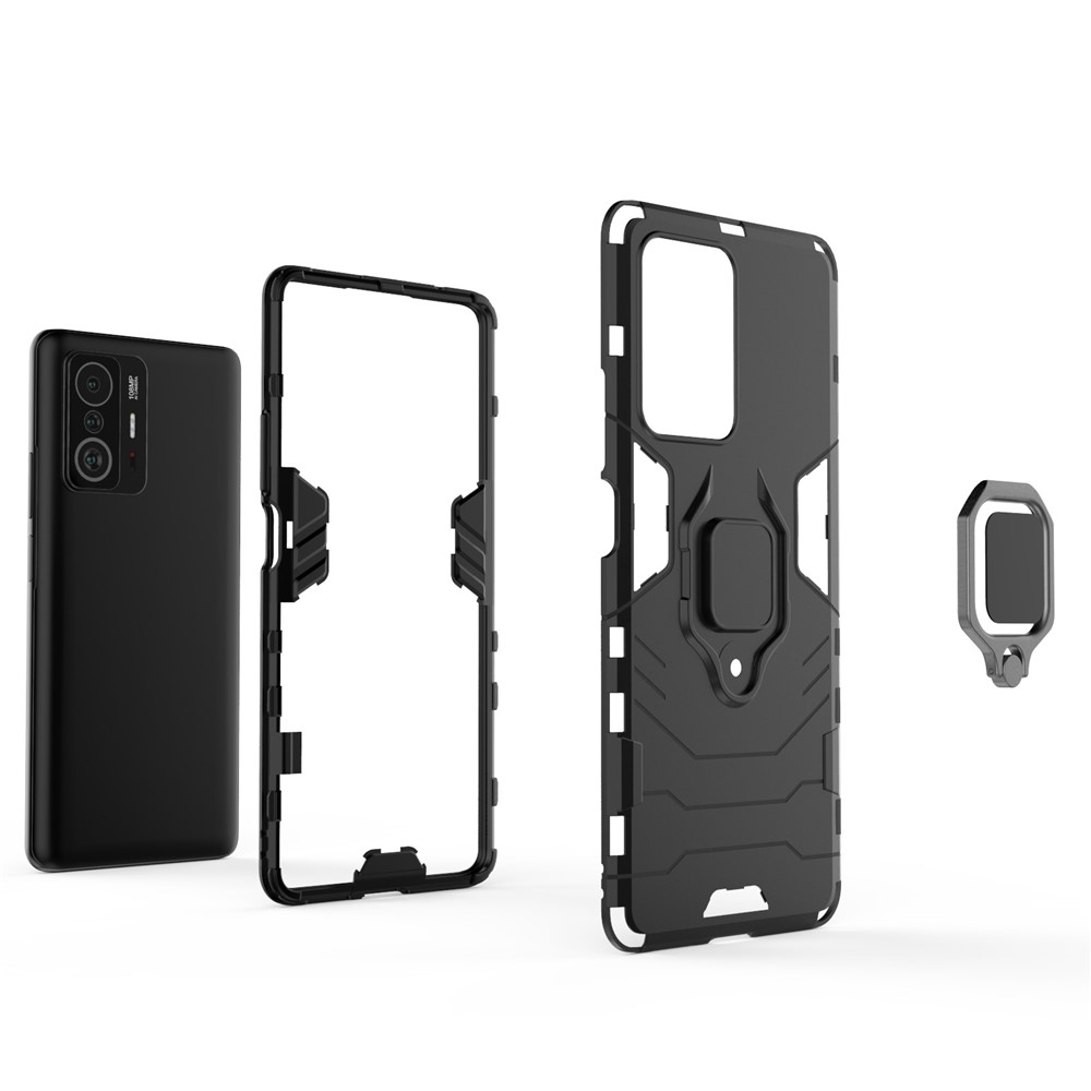 Ring Kickstand Dual Capa Soft Flexible TPU + Case de Teléfono Protector Resistente Para PC Duro Para Xiaomi 11T / 11T Pro - Negro