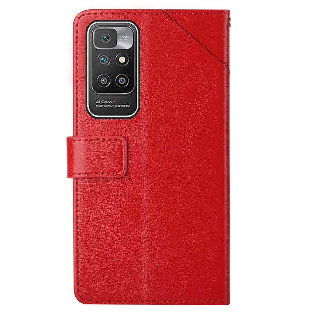 Y-Shaped Lines Imprinting Drop-resistant PU Leather + Soft TPU Inner Shell Wallet Stand Phone Cover for Xiaomi Redmi 10/10 Prime - Red-9