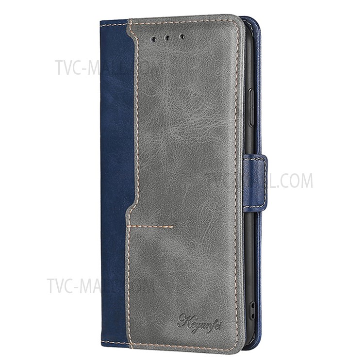 Retro Textured Folio Stand Dual-color Splicing Premium PU Leather Wallet Flip Cover for Xiaomi Redmi 10 / Redmi 10 Prime - Blue/Grey-2