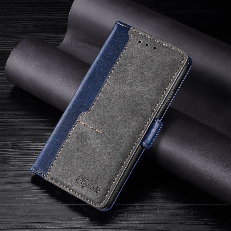 Retro Textured Folio Stand Dual-color Splicing Premium PU Leather Wallet Flip Cover for Xiaomi Redmi 10 / Redmi 10 Prime - Blue/Grey-9