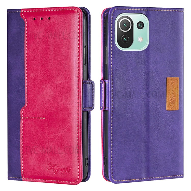 Stand Feature Retro Textured Dual-color Splicing PU Leather Wallet Magnetic Closure Flip Phone Cover for Xiaomi Mi 11 Lite 4G/5G /11 Lite 5G NE - Purple/Rose-1