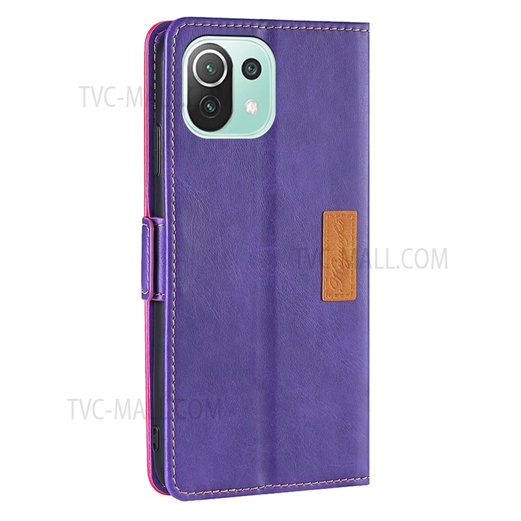 Stand Feature Retro Textured Dual-color Splicing PU Leather Wallet Magnetic Closure Flip Phone Cover for Xiaomi Mi 11 Lite 4G/5G /11 Lite 5G NE - Purple/Rose-2