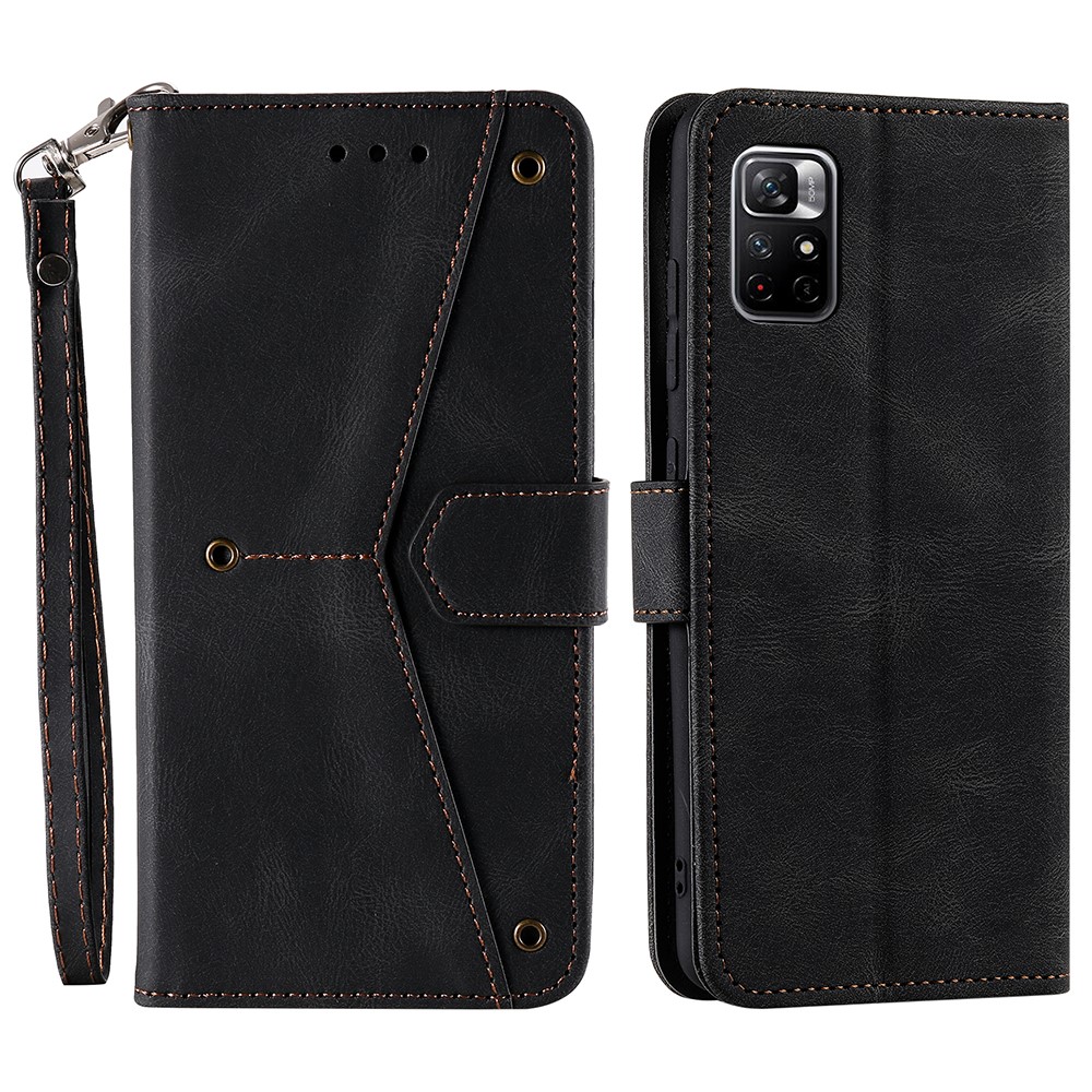 Splicing Stitching Skin-touch Dual-sided Magnetic Clasp Anti-fall PU Leather + TPU Stand Wallet Phone Case Cover for Xiaomi Redmi Note 11 - Black-1