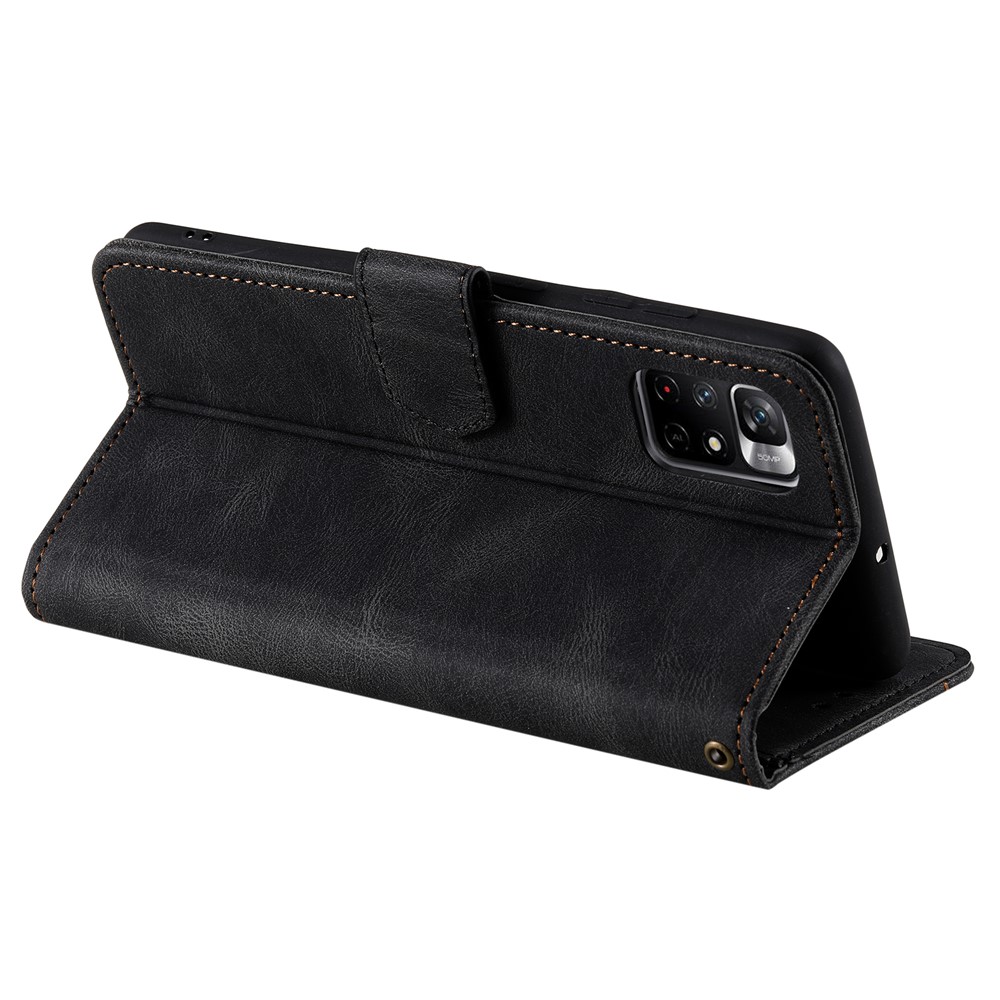 Splicing Stitching Skin-touch Dual-sided Magnetic Clasp Anti-fall PU Leather + TPU Stand Wallet Phone Case Cover for Xiaomi Redmi Note 11 - Black-6