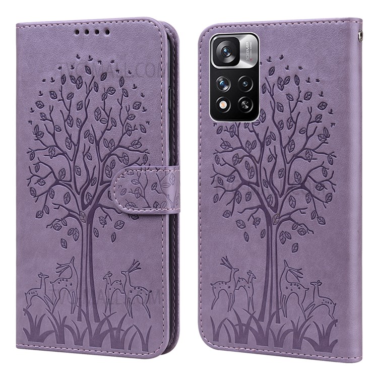 Imprinting Tree Deer Pattern Shockproof Folio Flip PU Leather Stand Wallet Cover Case for Xiaomi Redmi Note 11 Pro/11 Pro+ - Purple-1