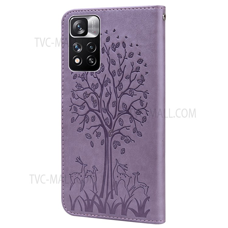Imprinting Tree Deer Pattern Shockproof Folio Flip PU Leather Stand Wallet Cover Case for Xiaomi Redmi Note 11 Pro/11 Pro+ - Purple-3