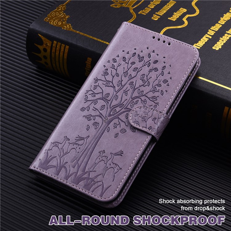 Imprinting Tree Deer Pattern Shockproof Folio Flip PU Leather Stand Wallet Cover Case for Xiaomi Redmi Note 11 Pro/11 Pro+ - Purple-7