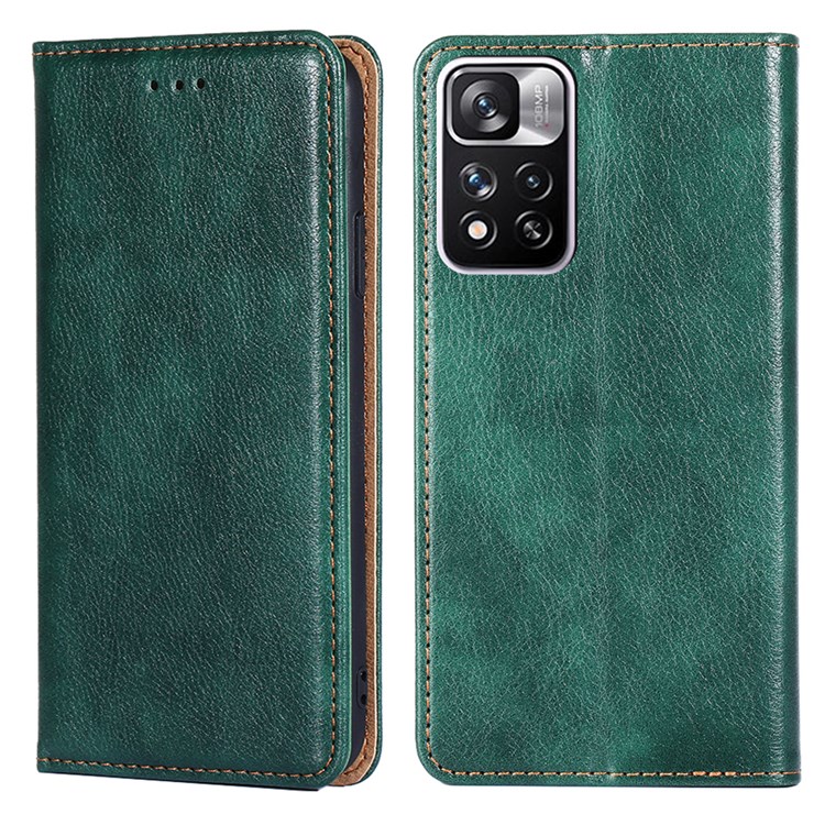 Solid Color Magnetic Auto-absorbed PU Leather Wallet Stand Phone Shell Case for Xiaomi Redmi Note 11 Pro - Green-1